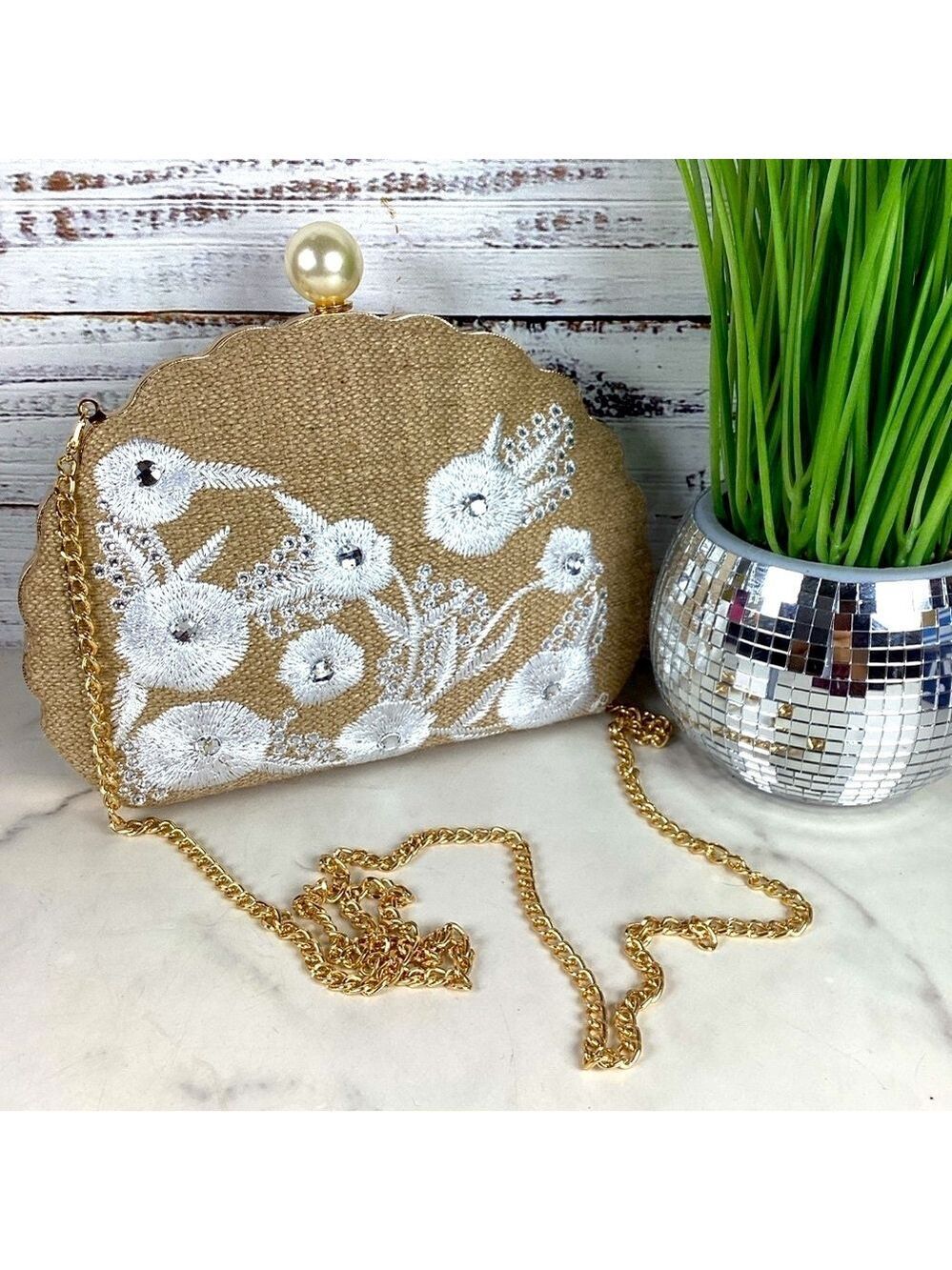Haute Hippie Beach bag Tan Gold Floral Clutch Wristlet rhinestones embroidered - Picture 4 of 11